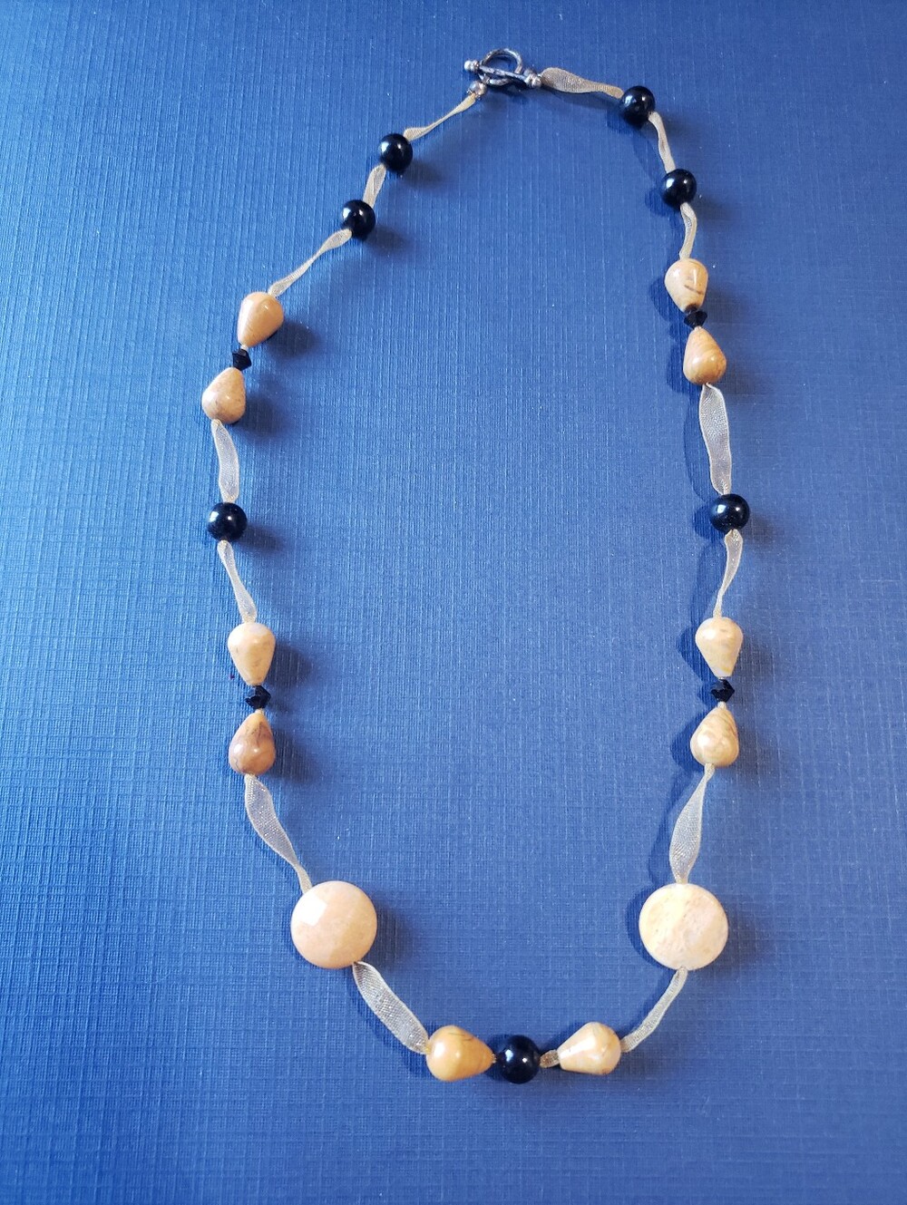 Beige Stone and Navy Bead Ribbon Necklace